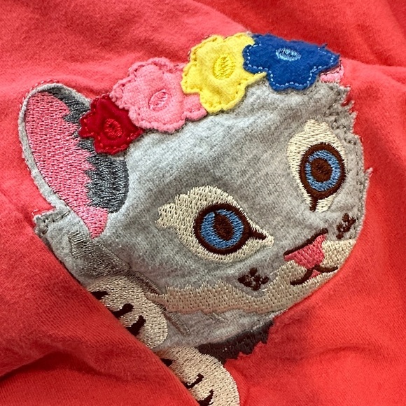 Penelope Plumm Coral Dress with Striped Sleeves and Cats - Picture 5 of 5